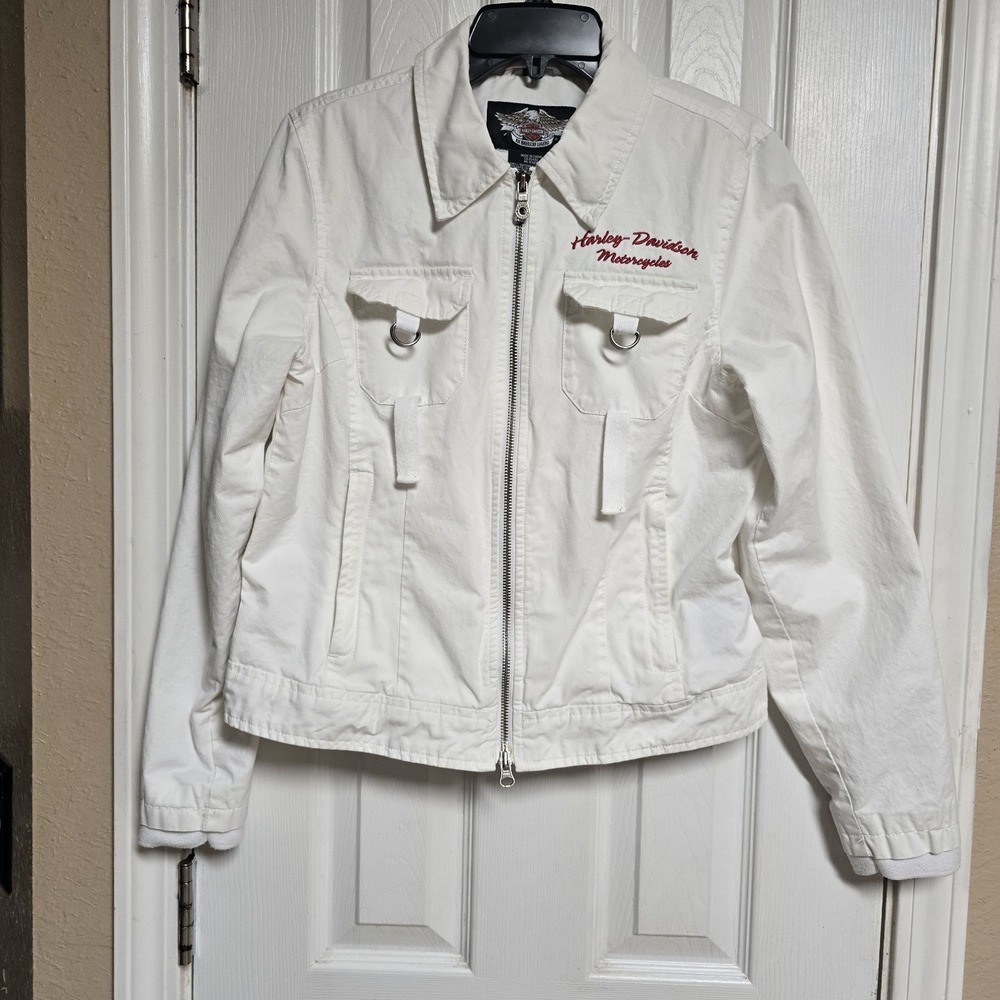 Harley Davidson Womens M White Embroidered Heart Roses Motorcycle Jacket VTG